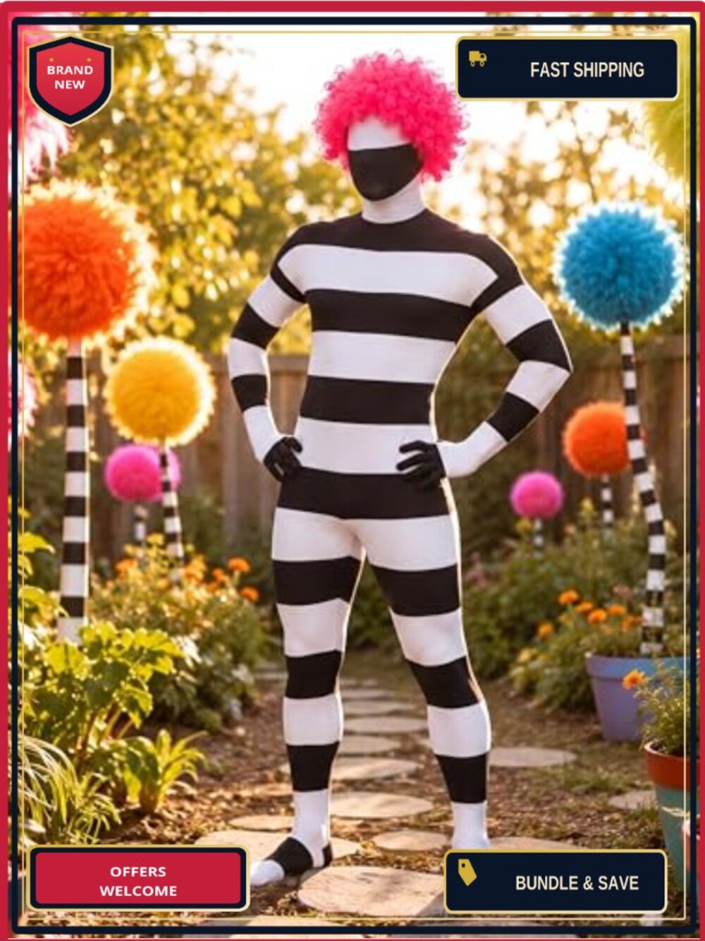 Halloween Tree Costume Striped Jumpsuit with Pink Wig 2pc Set